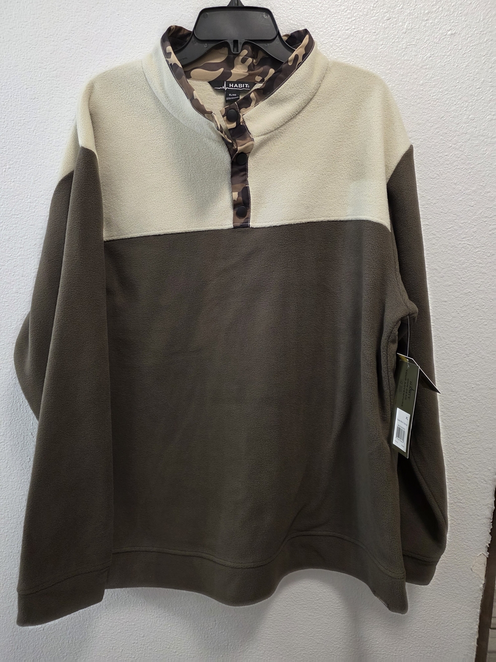 Habitat Two-Tone Fleece Pullover in Cream and Olive with Camo Trim